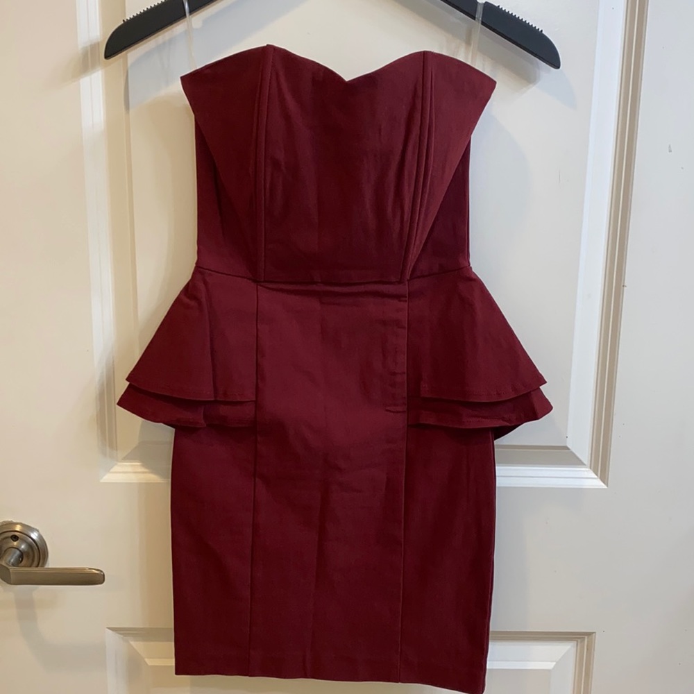 Strapless burgundy cocktail dress